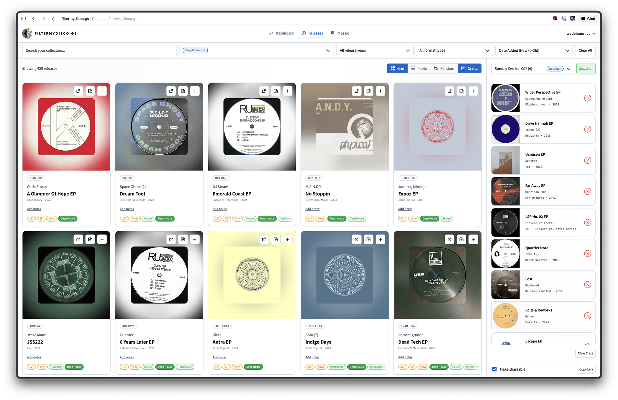 App preview showing the main interface with release cards, filters, and crate functionality