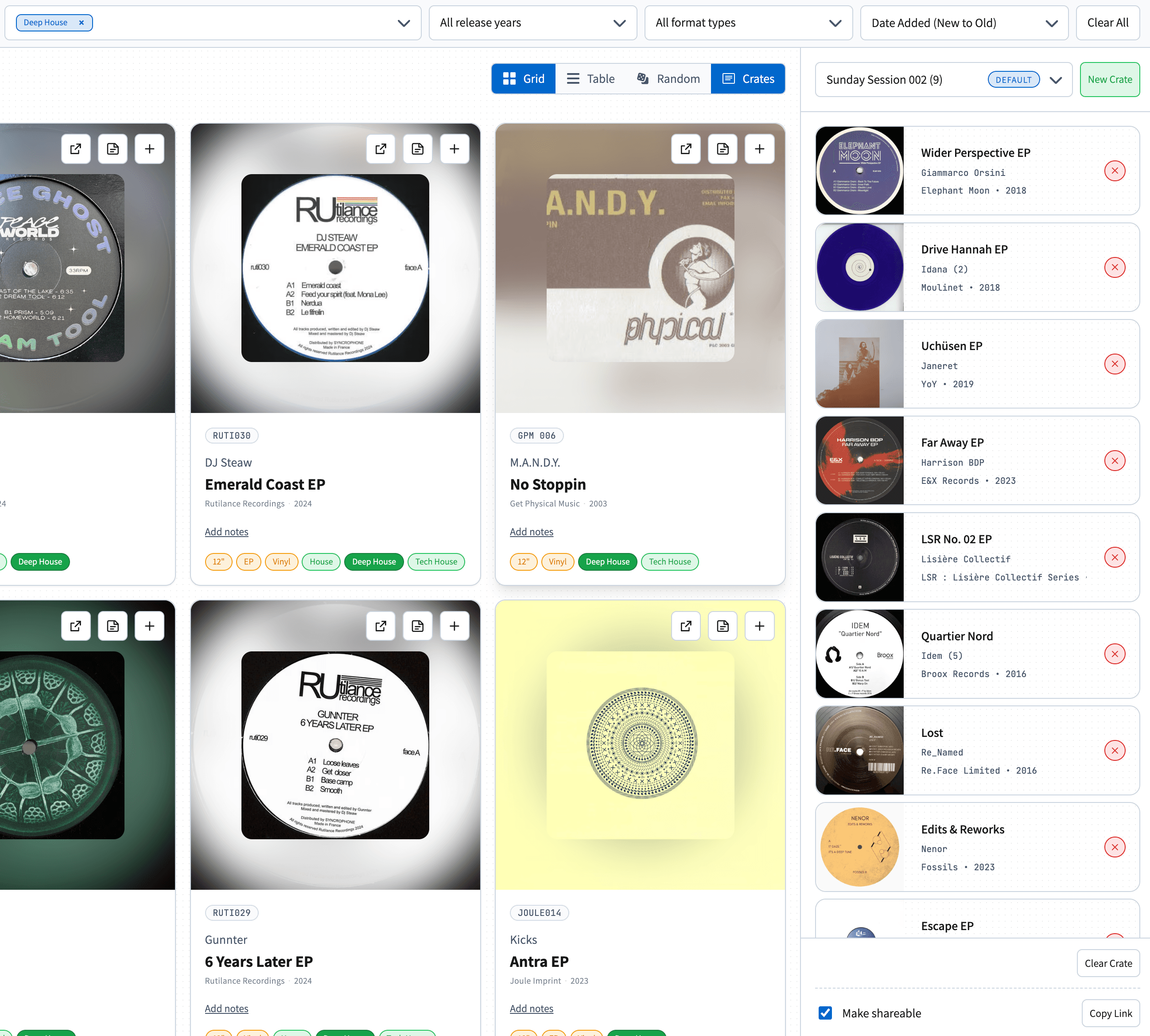 Releases page with search, filters, grid and table views, and release cards